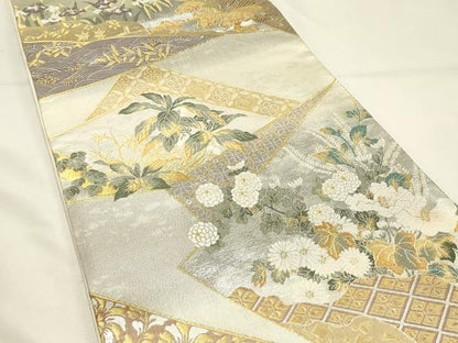 平和屋着物◎六通柄袋帯　唐織　裂取果樹花木図　金銀糸　正絹　逸品　DABH4332qp