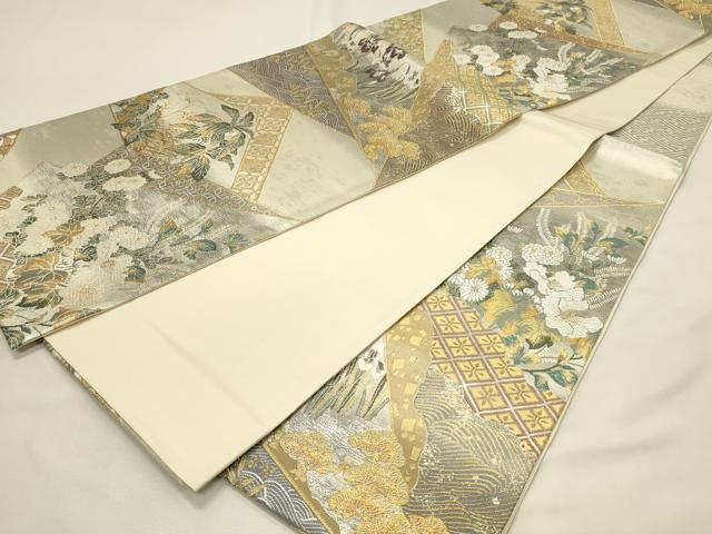 平和屋着物◎六通柄袋帯　唐織　裂取果樹花木図　金銀糸　正絹　逸品　DABH4332qp