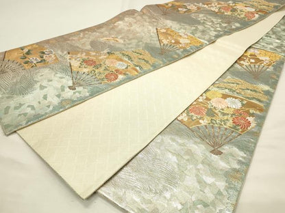 平和屋着物◎佐賀錦　六通柄袋帯　唐織　扇面花蝶文　金銀糸　正絹　逸品　DABH4336qp