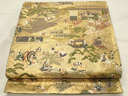 平和屋着物◎両面　全通柄袋帯　唐織　今昔物語地紙絵巻　王朝の美　金糸　正絹　逸品　DABH4337qp