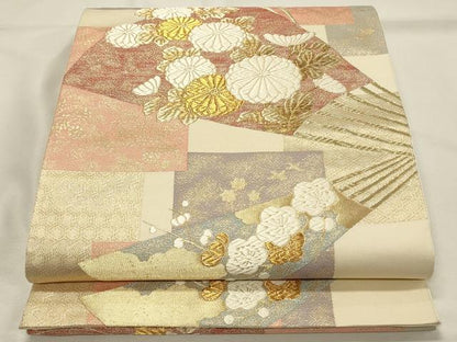 平和屋着物◎六通柄袋帯　唐織　扇面花文　金糸　正絹　逸品　DABH4339qp