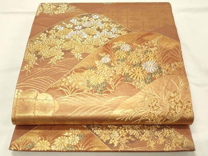 平和屋着物◎六通柄袋帯　重ね山花松文　明日香錦　金銀糸　正絹　逸品　DABH4344qp