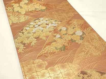 平和屋着物◎六通柄袋帯　重ね山花松文　明日香錦　金銀糸　正絹　逸品　DABH4344qp