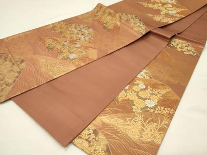 平和屋着物◎六通柄袋帯　重ね山花松文　明日香錦　金銀糸　正絹　逸品　DABH4344qp