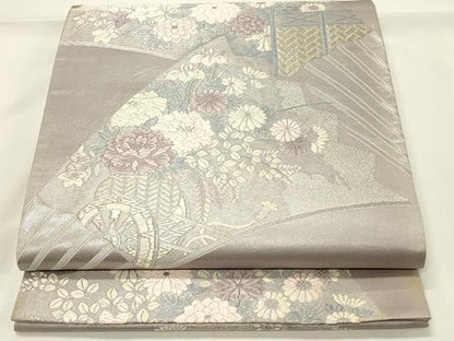 平和屋着物◎六通柄袋帯　唐織　扇面花車文　金銀糸　正絹　逸品　DABH4351qp