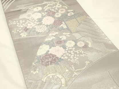 平和屋着物◎六通柄袋帯　唐織　扇面花車文　金銀糸　正絹　逸品　DABH4351qp
