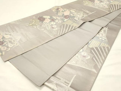 平和屋着物◎六通柄袋帯　唐織　扇面花車文　金銀糸　正絹　逸品　DABH4351qp