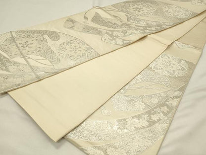 平和屋着物◎六通柄袋帯　唐織　正倉院地紙花文　銀糸　正絹　逸品　DABH4353qp