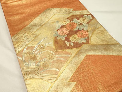 平和屋着物◎太鼓柄袋帯　駒刺繍　地紙花文　金彩　正絹　逸品　DABH4362qp