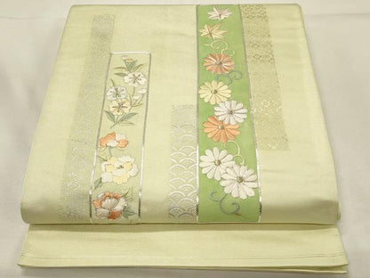 平和屋着物◎太鼓柄袋帯　駒刺繍　短冊花文　金糸　銀彩　正絹　逸品　DABH4363qp