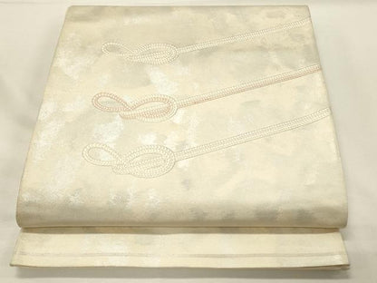 平和屋着物◎太鼓柄袋帯　総刺繍　結び紐文　銀糸　引箔　正絹　逸品　DABH4364qp