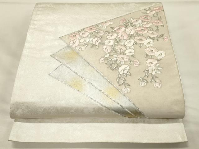 平和屋着物◎太鼓柄袋帯　総刺繍　駒刺繍　草花文　銀糸　引箔　正絹　逸品　DABH4365qp