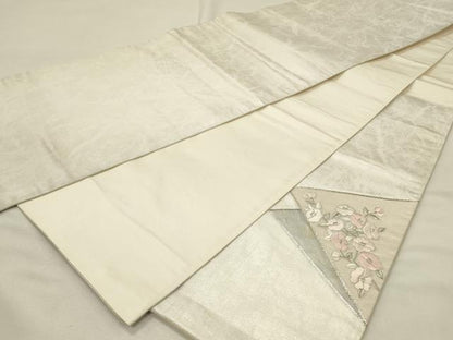 平和屋着物◎太鼓柄袋帯　総刺繍　駒刺繍　草花文　銀糸　引箔　正絹　逸品　DABH4365qp