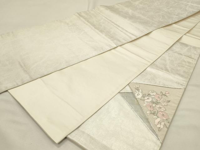 平和屋着物◎太鼓柄袋帯　総刺繍　駒刺繍　草花文　銀糸　引箔　正絹　逸品　DABH4365qp