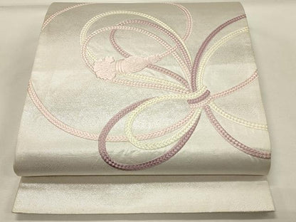平和屋着物◎太鼓柄袋帯　総刺繍　結び紐文　銀糸　正絹　逸品　DABH4366qp