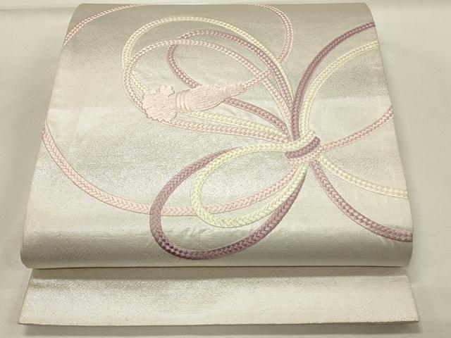 平和屋着物◎太鼓柄袋帯　総刺繍　結び紐文　銀糸　正絹　逸品　DABH4366qp
