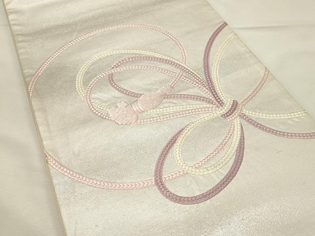 平和屋着物◎太鼓柄袋帯　総刺繍　結び紐文　銀糸　正絹　逸品　DABH4366qp