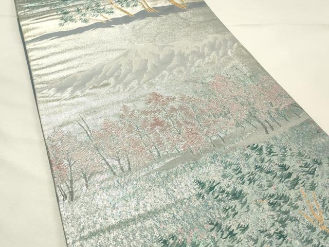 平和屋着物◎六通柄袋帯　遠山樹林文　銀彩箔　引箔　正絹　逸品　DABH4379qp