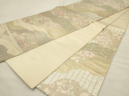 平和屋着物◎西陣　服部織物謹製　六通柄袋帯　道長更紗花唐草文　金銀糸　正絹　逸品　DABH4382qp