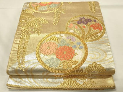 平和屋着物◎六通柄袋帯　唐織　枝垂れ藤花丸文　金銀糸　正絹　逸品　DABH4399qp