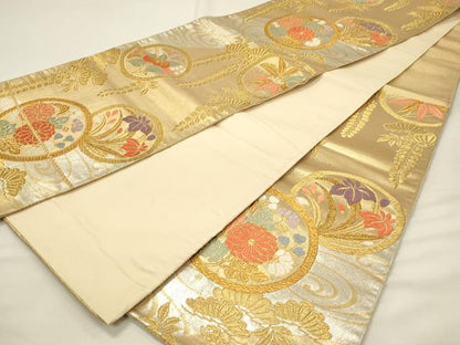 平和屋着物◎六通柄袋帯　唐織　枝垂れ藤花丸文　金銀糸　正絹　逸品　DABH4399qp