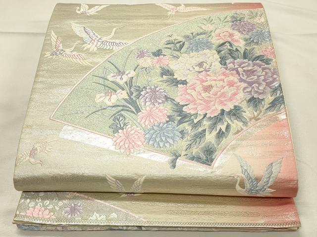 平和屋着物◎六通柄袋帯　唐織　地紙飛鶴花文　ラメ糸　銀糸　正絹　逸品　DABH4400qp
