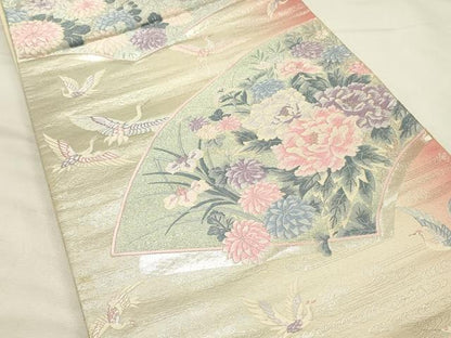 平和屋着物◎六通柄袋帯　唐織　地紙飛鶴花文　ラメ糸　銀糸　正絹　逸品　DABH4400qp