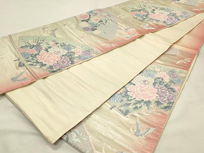 平和屋着物◎六通柄袋帯　唐織　地紙飛鶴花文　ラメ糸　銀糸　正絹　逸品　DABH4400qp
