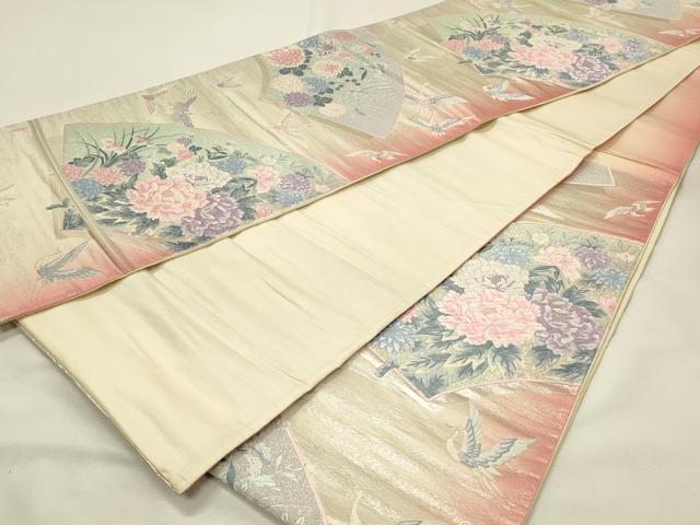 平和屋着物◎六通柄袋帯　唐織　地紙飛鶴花文　ラメ糸　銀糸　正絹　逸品　DABH4400qp