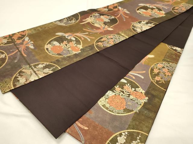 平和屋着物◎六通柄袋帯　唐織　献上花鳥丸文　手織　金糸　三越扱い　正絹　逸品　DABH4402qp