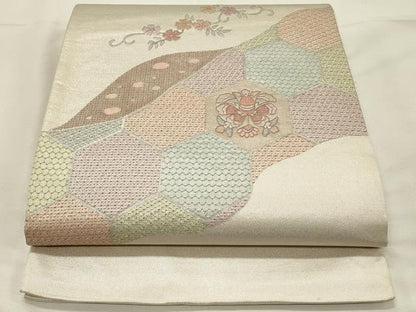 平和屋着物◎中国三大刺繍　スワトウ刺繍　汕頭刺繍　総刺繍　太鼓柄袋帯　亀甲更紗花文　銀糸　正絹　逸品　DABH4415qp