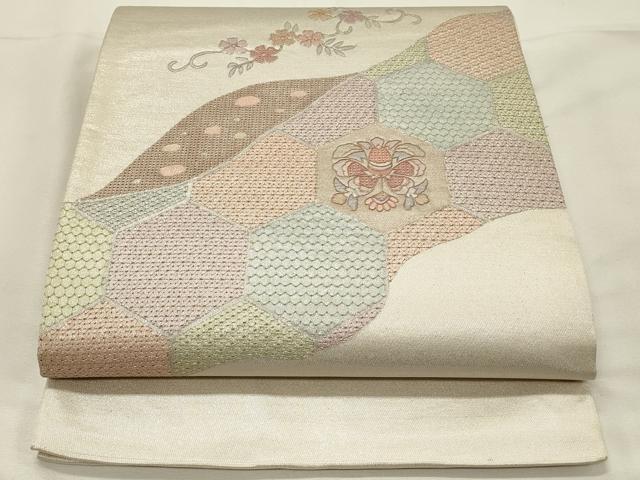 平和屋着物◎中国三大刺繍　スワトウ刺繍　汕頭刺繍　総刺繍　太鼓柄袋帯　亀甲更紗花文　銀糸　正絹　逸品　DABH4415qp