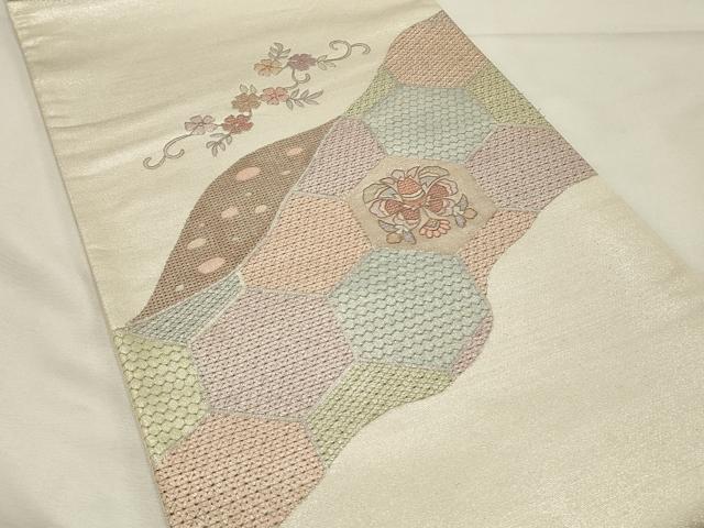 平和屋着物◎中国三大刺繍　スワトウ刺繍　汕頭刺繍　総刺繍　太鼓柄袋帯　亀甲更紗花文　銀糸　正絹　逸品　DABH4415qp