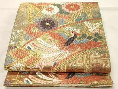 平和屋着物◎佐賀錦　六通柄袋帯　唐織　瑞橋花鳥文　金糸　正絹　逸品　DABH4425qp