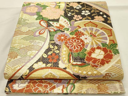 平和屋着物◎佐賀錦　両面　六通柄錦袋帯　唐織　片輪車花蝶文　金糸　正絹　逸品　DABH4427qp