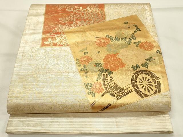 平和屋着物◎西陣まいづる謹製　太鼓柄袋帯　色紙花車文　金彩　引箔　証紙付き　未使用　正絹　逸品　DABH4431qp