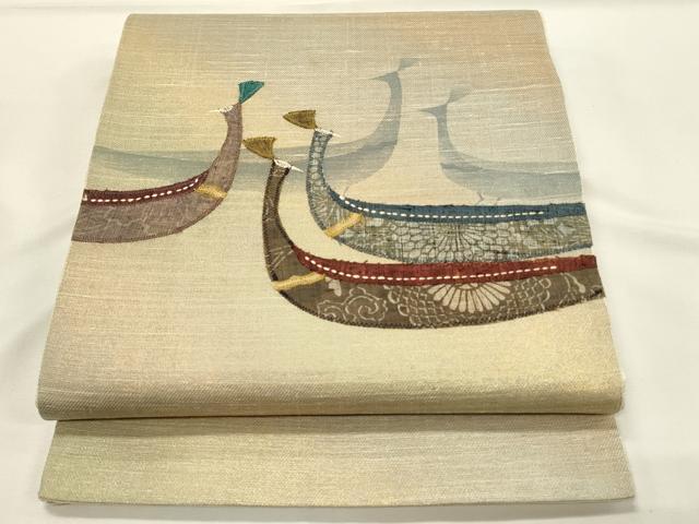 平和屋着物▽太鼓柄袋帯　スリーシーズン　春夏秋　孔雀文　刺し子　パッチワーク　金糸　正絹　逸品　DABH4432qp