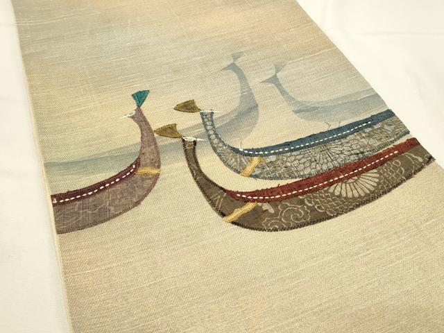 平和屋着物▽太鼓柄袋帯　スリーシーズン　春夏秋　孔雀文　刺し子　パッチワーク　金糸　正絹　逸品　DABH4432qp