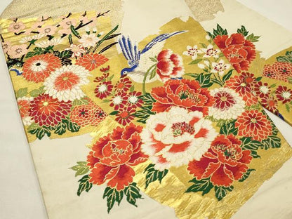 平和屋着物◎アンティーク　大正ロマン　九寸名古屋帯　花鳥文　牡丹　金糸　正絹　逸品　DABH4437qp