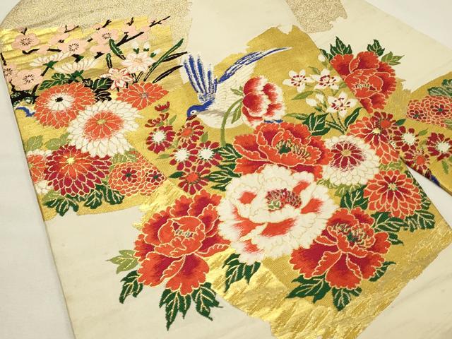 平和屋着物◎アンティーク　大正ロマン　九寸名古屋帯　花鳥文　牡丹　金糸　正絹　逸品　DABH4437qp