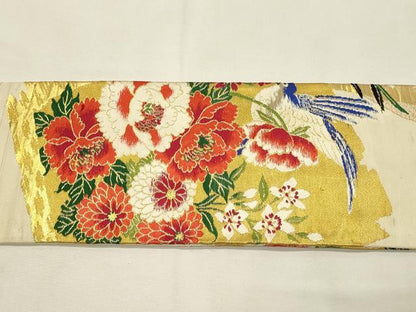 平和屋着物◎アンティーク　大正ロマン　九寸名古屋帯　花鳥文　牡丹　金糸　正絹　逸品　DABH4437qp