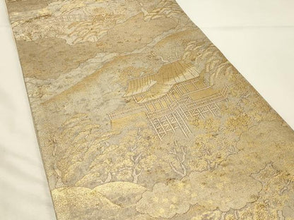 平和屋着物▽六通柄袋帯　スリーシーズン　春夏秋　遠山風景松文　金糸　正絹　逸品　DABH4442qp