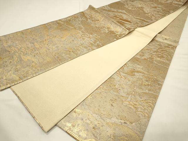 平和屋着物▽六通柄袋帯　スリーシーズン　春夏秋　遠山風景松文　金糸　正絹　逸品　DABH4442qp