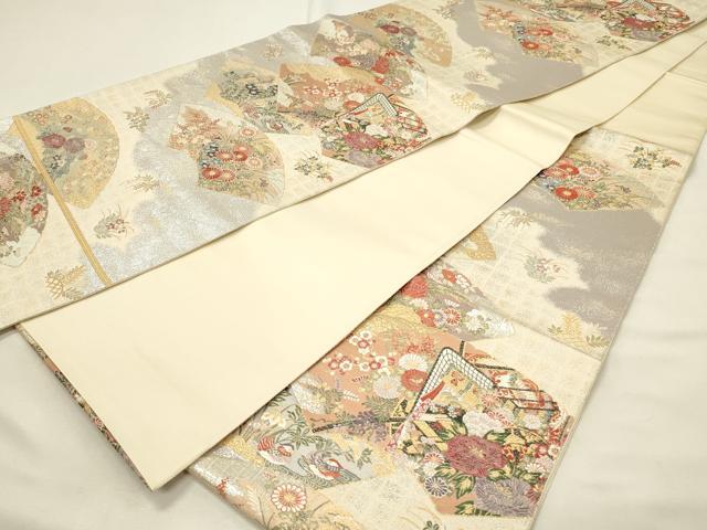 平和屋着物◎六通柄袋帯　唐織　御車草花扇面重　金銀糸　正絹　逸品　未使用　DABH4447qp