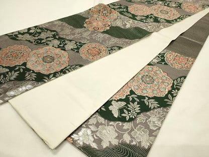 平和屋着物◎六通柄袋帯　正倉院更紗花蝶文　銀糸　正絹　逸品　DABH4449qp