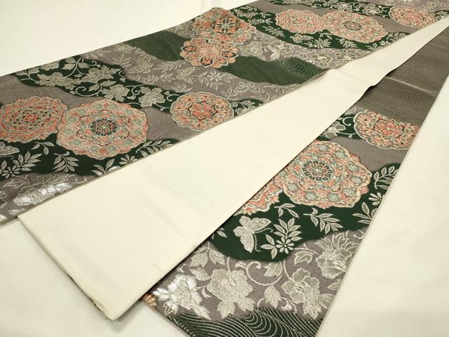 平和屋着物◎六通柄袋帯　正倉院更紗花蝶文　銀糸　正絹　逸品　DABH4449qp