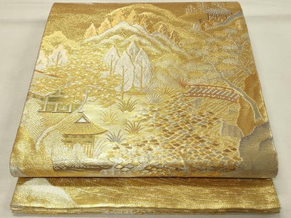 平和屋着物◎佐賀錦　六通柄袋帯　風景樹林文　金銀糸　正絹　逸品　DABH4517qp