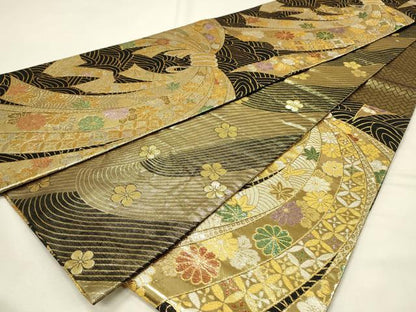 平和屋着物◎両面　六通柄袋帯　束ね熨斗花文　黒地　金銀糸　正絹　逸品　DABH4520qp