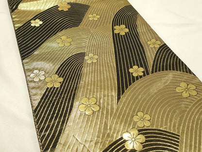 平和屋着物◎両面　六通柄袋帯　束ね熨斗花文　黒地　金銀糸　正絹　逸品　DABH4520qp