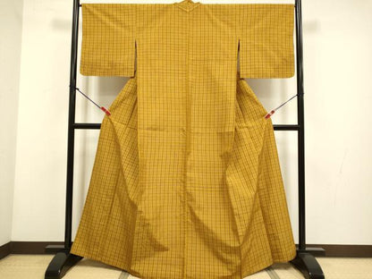 平和屋着物▽無形文化財　本場黄八丈　近藤傳　草木染　手織　紬　単衣　格子　正絹　逸品　DABH45287du